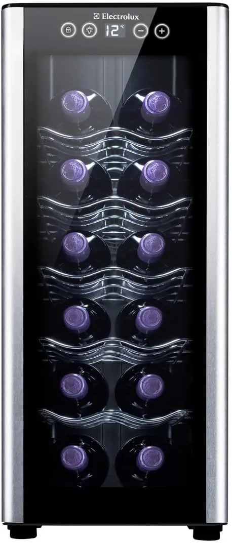 Adega Electrolux 12 Garrafas é Boa - Modelo ACB12 com porta de vidro, iluminação LED roxa e painel Touch Control
