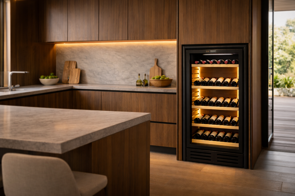 Instalação adequada de adega climatizada em cozinha planejada com espaçamento correto para ventilação