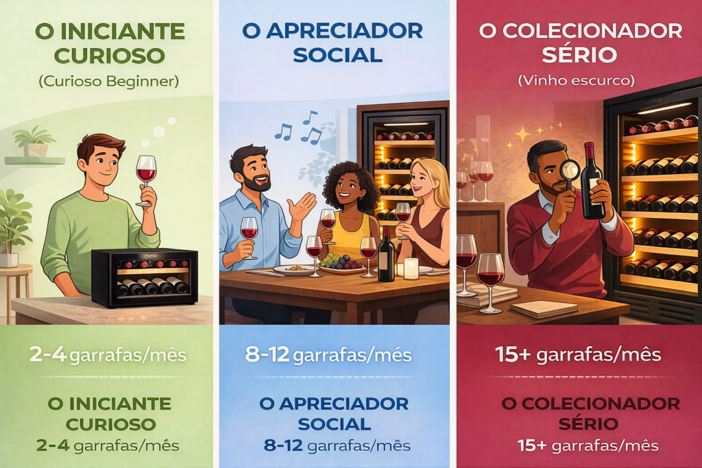 Três perfis de consumidores de vinho: iniciante curioso, apreciador social e colecionador sério com suas necessidades específicas