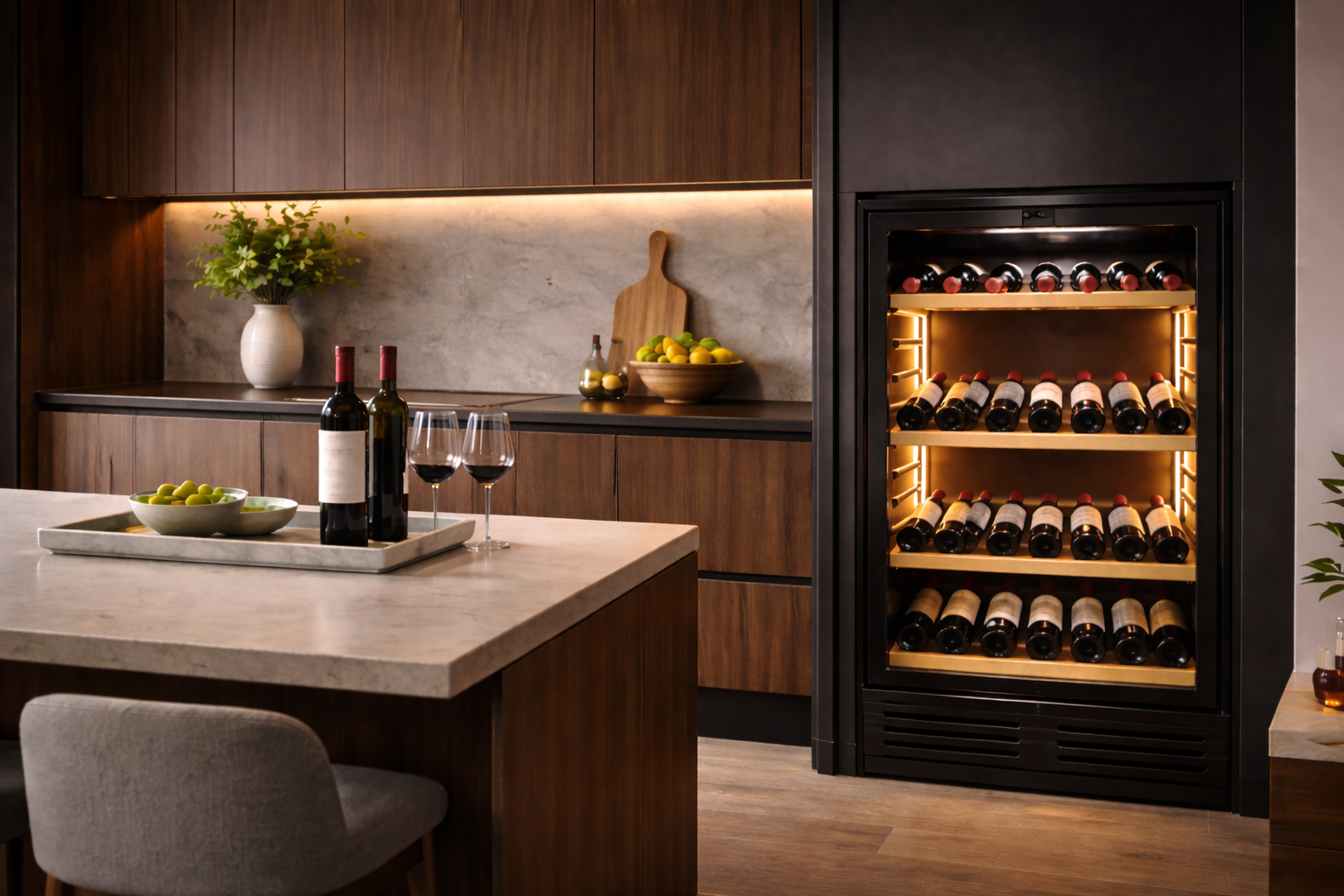 Como escolher adega de vinhos ideal para sua cozinha: modelo embutido com iluminação LED em ambiente moderno