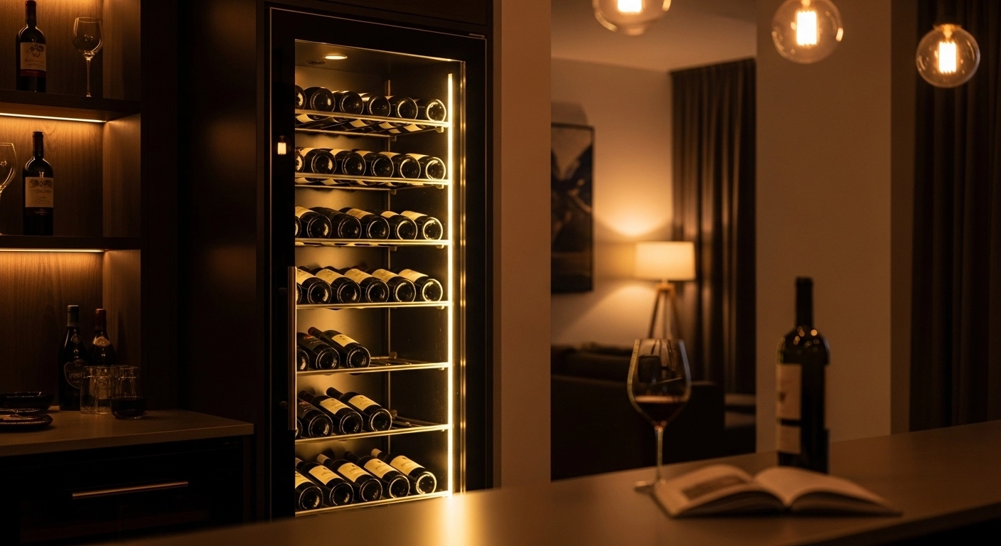 Adega Electrolux é boa para guardar vinhos? Adega climatizada com porta de vidro iluminada por LED quente em home bar sofisticado
