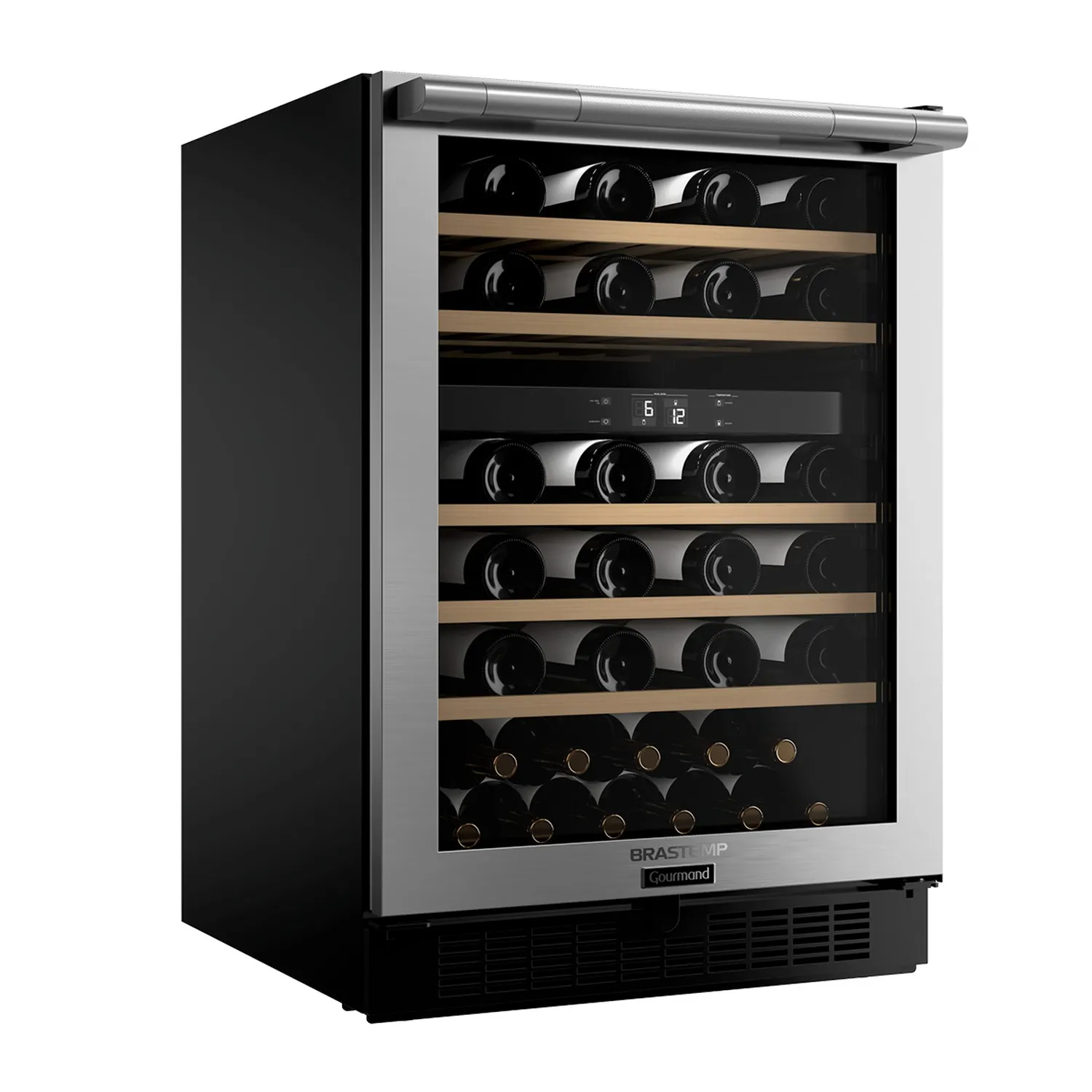 Adega Brastemp Gourmand Dual Zone 51 Garrafas é boa? Vista frontal da adega climatizada com vidro triplo, iluminação LED interna e acabamento em aço inox